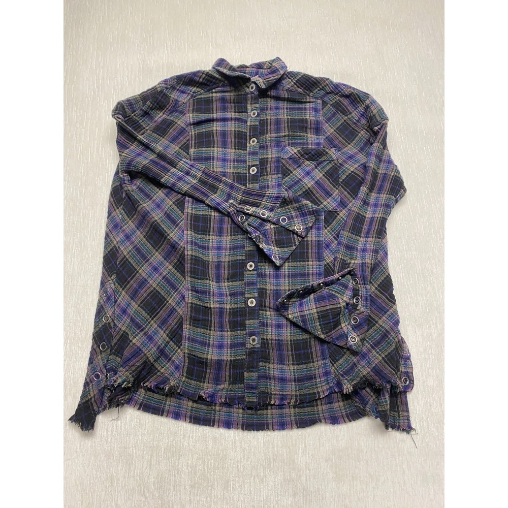 Free People Button Up Frayed Hem Shirt Womens Small Blue Tartan Plaid Grunge
